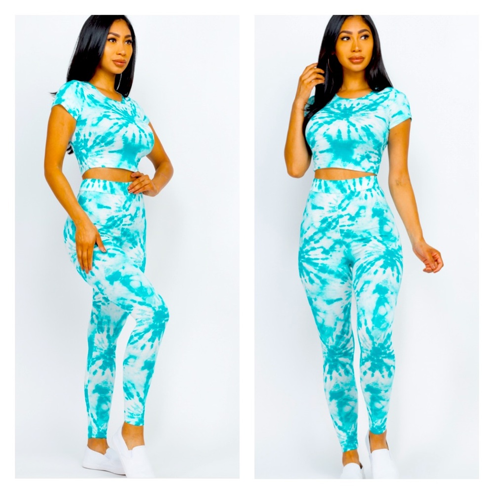Aqua Tie Dye Crop Top Leggings Set - Picture 2 of 3